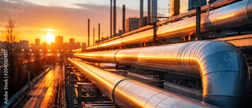 Massive District Heating Pipeline Network with Large Insulated Stainless Steel Pipes Under Sunset Glow
