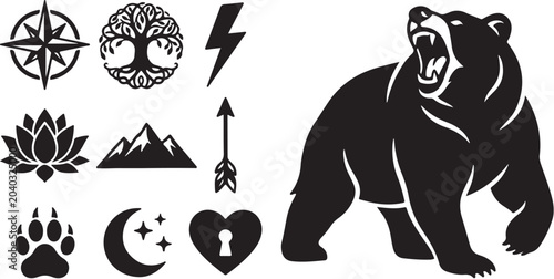 Black bear and various symbolic tattoo icons design