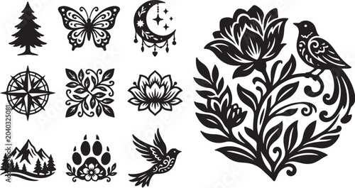 Various tattoo designs and nature inspired symbols