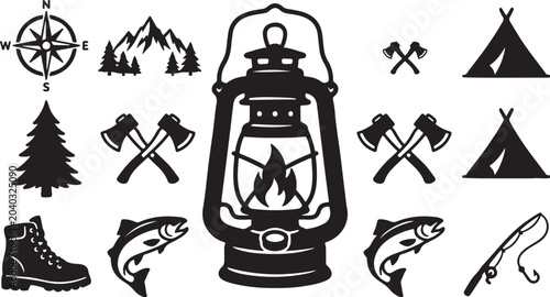 Camping Adventure Icons and Symbols in Black