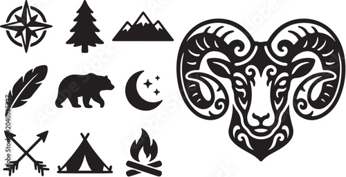 Black and white camping and ram symbols collection