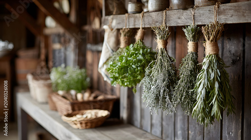 Hanging Fresh & Dried Herbs in Rustic Setting