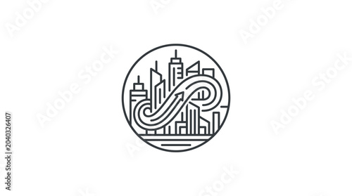 Foto Circular cityscape icon with looping road line art.