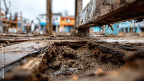Distressed Urban Landscape with Dilapidated Architecture and Deteriorating Wood