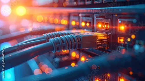 Network cables connected to a server rack with glowing lights