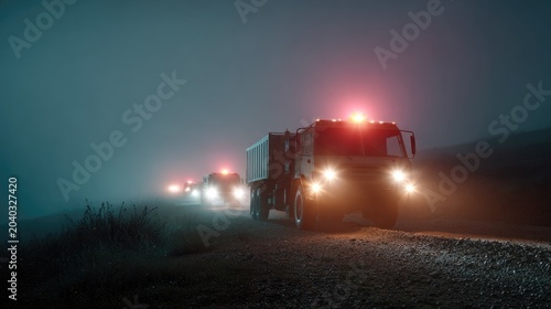 Convoy in the Fog: A line of military trucks moves forward on a desolate road shrouded in thick fog, their headlights and red warning lights cutting through the gloom.
