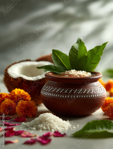 Traditional Indian Clay Pot with Rice, Coconut, and Flowers for a Ritual