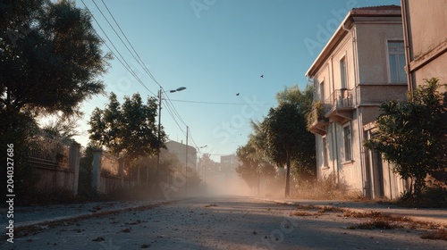 Dusty Street Scene: A desolate street bathed in the golden light of dusk, with dust swirling in the air, suggesting a forgotten place or a recent event, evoking a sense of mystery and nostalgia.
