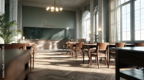 Empty Classroom, Sunlight Streaming In: An old-fashioned classroom with rows of wooden desks and chairs is bathed in gentle sunlight streaming through tall arched windows.