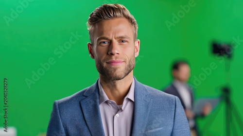 News Anchor in Studio: A confident male news anchor, dressed in a sharp blue suit jacket, stands against a vibrant green screen backdrop, ready to deliver the latest broadcast.