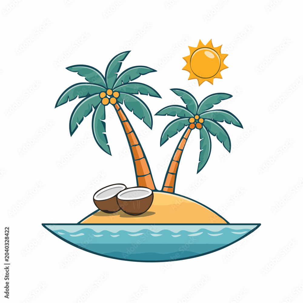 Fototapeta premium Cartoon Tropical Island with Palm Trees and Coconuts
