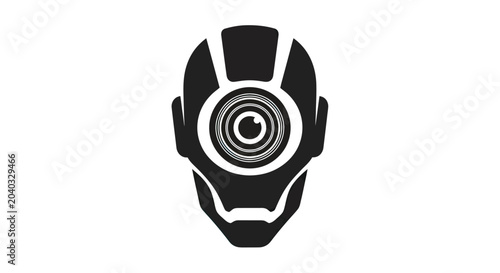 Obraz na plátne Minimalist black robotic head with a concentric circle eye on a white background