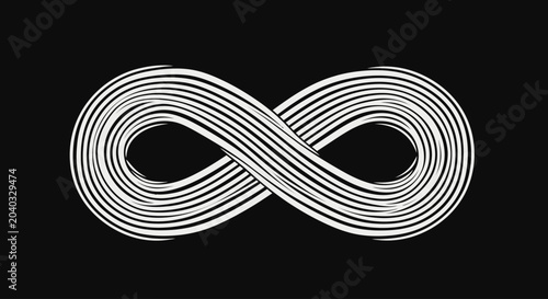 Photography Stylized white infinity symbol composed of flowing parallel lines on a black bac