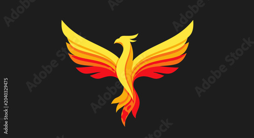 Photos Stylized fiery phoenix with outstretched wings, set against a black background