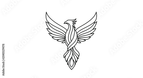 Tableau sur toile A stylized black outline of a phoenix with spread wings, on a white background