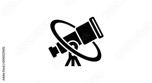 Silhouette icon of a telescope on a tripod, with a ring around it
