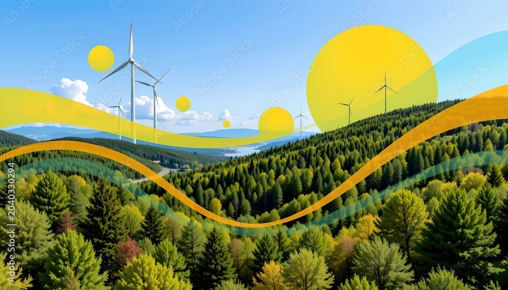 Fototapeta premium Vibrant Ecofriendly Forest Scene with Renewable Energy Elements
