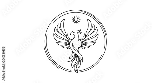 Tableau sur toile Minimalist line art of a mythical bird with outstretched wings and a sun above,