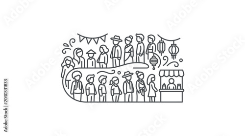 Street market festival scene line art illustration