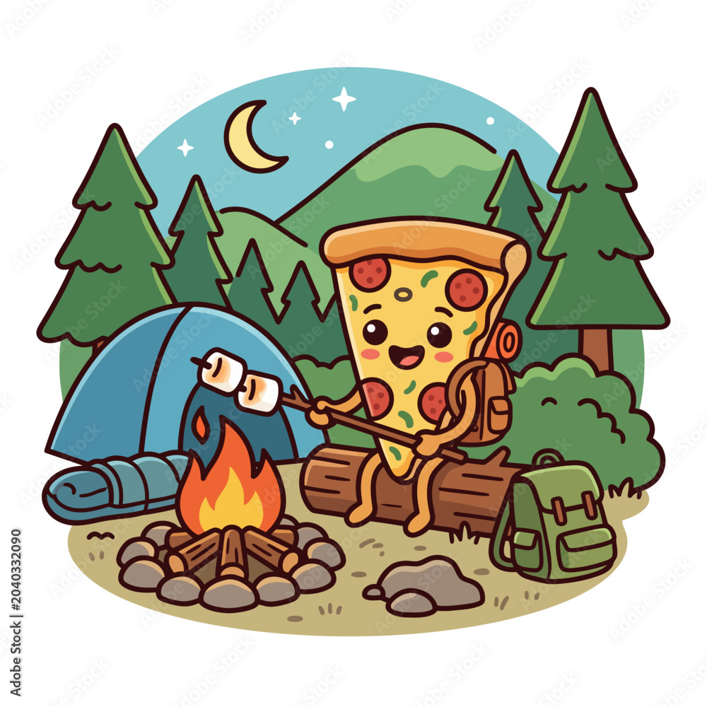 Fototapeta premium A cartoon pizza character roasts marshmallows while camping under a starry night sky with a tent and trees.
