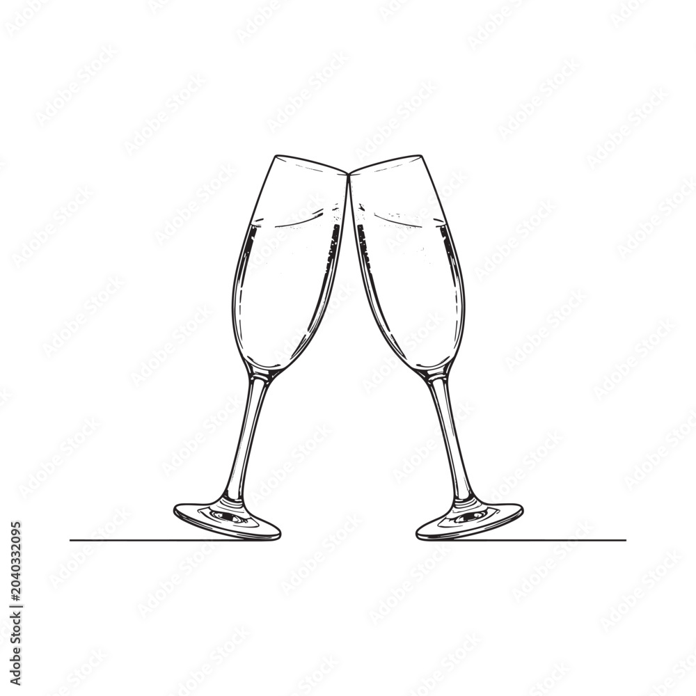 Obraz premium Champagne Glasses Sketch Black And White Line Art Illustration