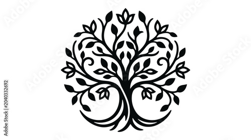 Fotografi Tree of life emblem showcases an intricate circular design with sprawling branches and organic floral patterns