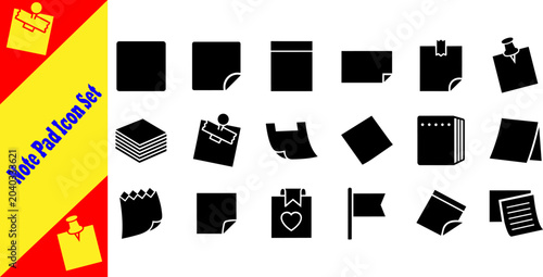 Note pad vector icons set featuring corporate memo paper, sticky notes with push pin and binder clip, curled corner reminder sheet, 3d cube stack, notebook, and office message symbols.