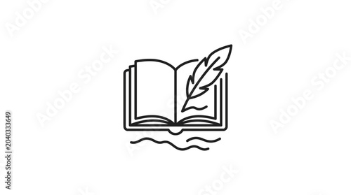 Simple line art of open book and feather quill.