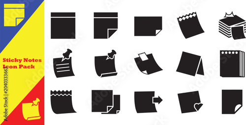 Sticky notes vector icons pack featuring memo pad paper with push pin, curled corner reminder sheet, adhesive tape office note, notebook, and corporate message symbols.
