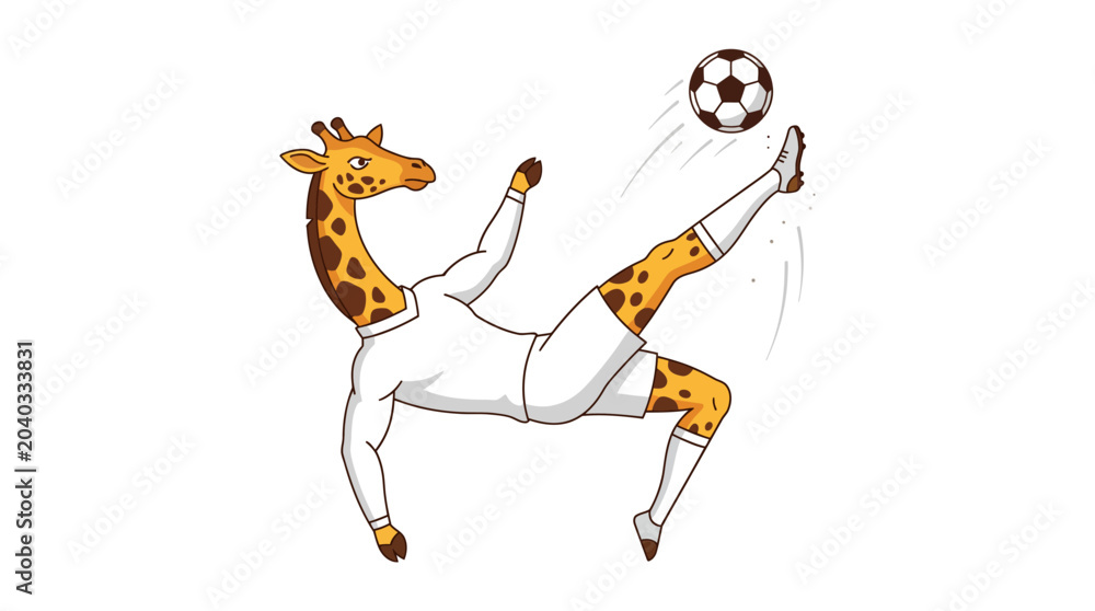 Obraz premium Whimsical giraffe in mid-air, executing a bicycle kick with a soccer ball, showcasing playful sporting energy and athletic agility