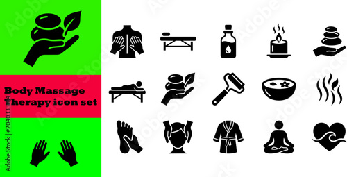 Body massage therapy vector icons pack featuring spa wellness hot stones, head massage relaxation, face roller skincare, bathrobe, meditation yoga, and wellness beauty symbols.