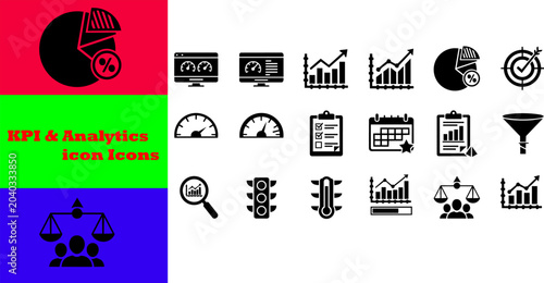 KPI and business analytics vector icons set featuring performance dashboard, data growth graph, financial pie chart, target goal, funnel, and management report symbols.