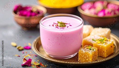 Traditional Indian sweets assortment with chilled rose milk and saffron lassi, festive food styling, high detail