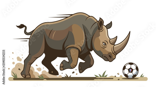Bild auf Leinwand Large charging rhinoceros cartoon character on soccer ball, kicking up dust on grass field showcasing motion and speed