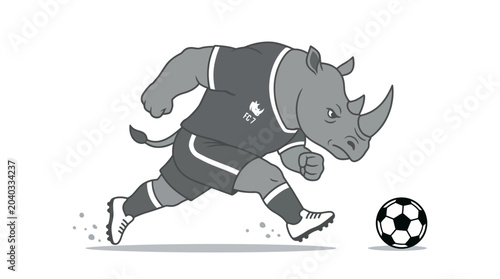 Fotografie Mascot character of an angry gray rhinoceros in soccer uniform with athletic cleats and a black and white ball suitable for sportsthemed designs