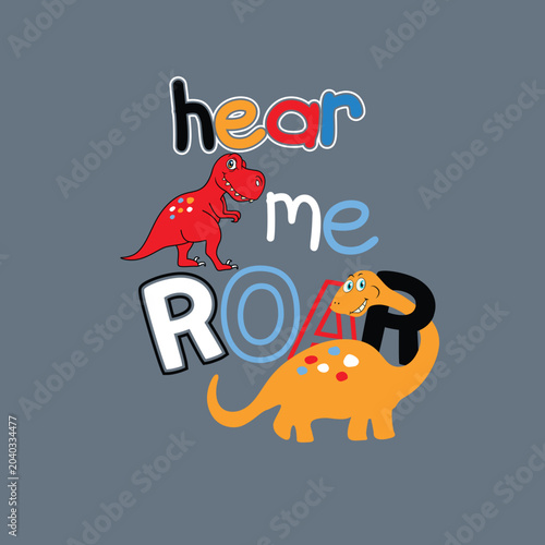 Fotografie Cartoon Dragon and Dog Roaring Together with Hear Me Text on Blue Background