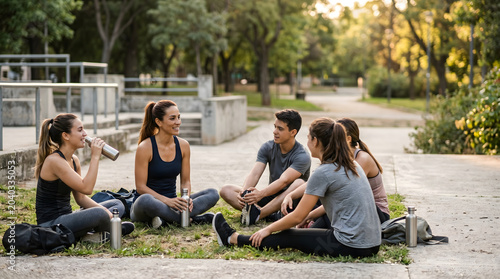 Friends resting after outdoor workout session in park