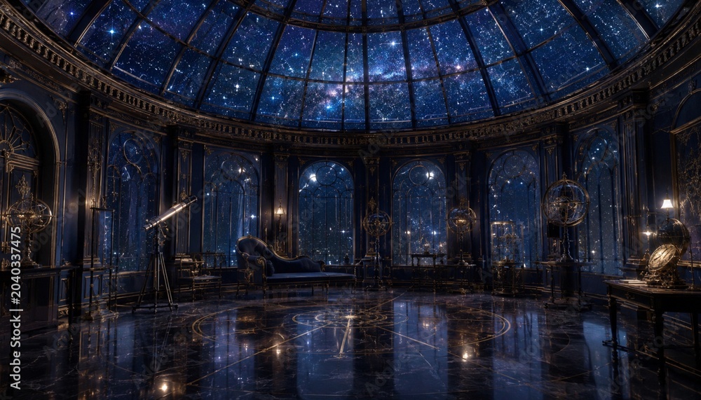 Obraz premium Grand Celestial Observatory Interior with Panoramic Starry Glass Dome