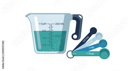 Set of measuring cups and spoons.