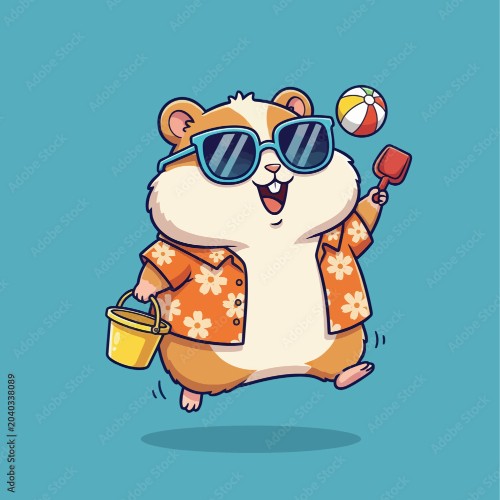 Naklejka premium Happy Hamster Ready for Summer Beach Vacation.
