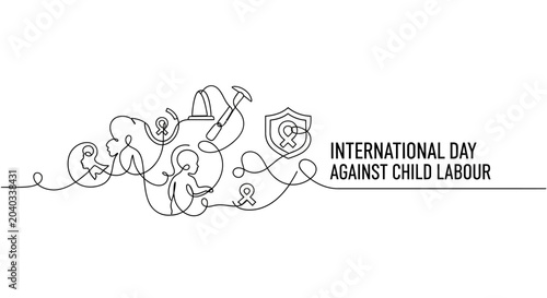 Foto International Day Against Child Labour: Line Art of Children, Awareness Ribbon,
