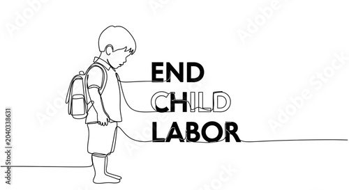 Quadro su tela End Child Labor: Sad Boy with Backpack, Text Message, Social Issue, Human Rights