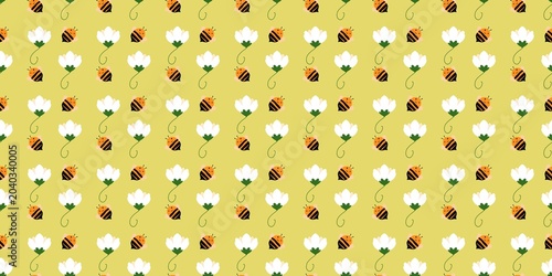 Vibrant yellow seamless background featuring tiny cartoon bees and white flowers for fun spring design.