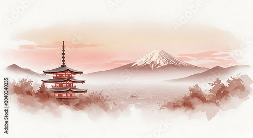 Japanese landscape background with pagoda temple and Mount Fuji
