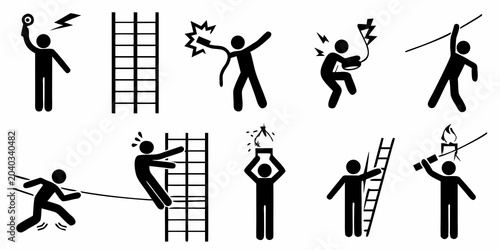 Fotografía Electrical hazard and safety icons black stick figures on white