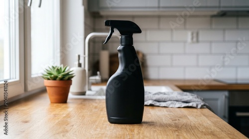 Blank black all-purpose spray bottle for cleaning products, modern minimalist household aesthetic, refillable container for eco-friendly home maintenance.