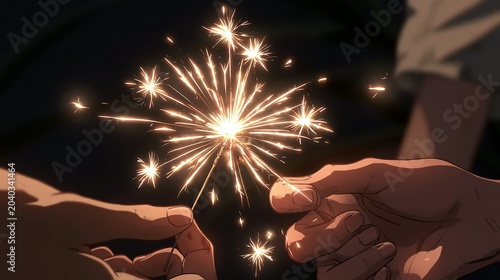 Anime Style Hands Holding Glowing Sparkler at Night Summer Memory