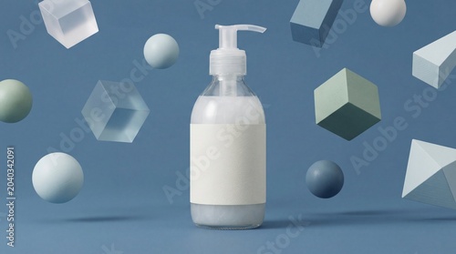 Cosmetic or antiseptic dispenser bottle featured in a clean geometric composition on a blue background.