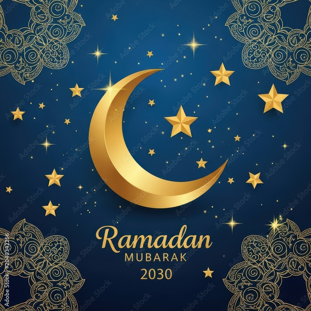 Naklejka premium A vibrant illustration of a crescent moon and stars with the text ramadan kareem 2020