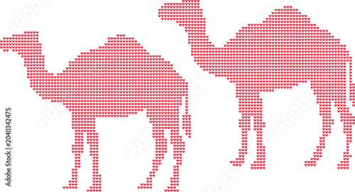 Two camels in red heart pattern form a warm desert scene
